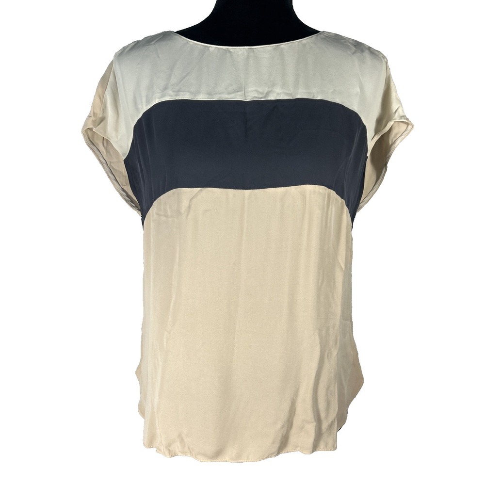 T Babaton Top MED‎ 100% Silk Blush Cream Gray Stripe Colorblock Blouse Cap Sl